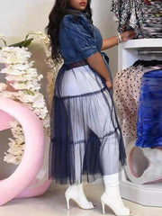 Denim Mesh Patchwork Kurzarm-Oberteile