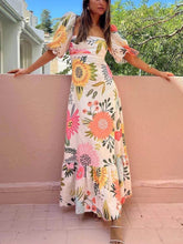 Floral Print Square Neck Graceful Bubble Sleeve Maxi Dress InsStreet