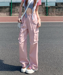 Ruched Pink Straight Leg Cargo Pants