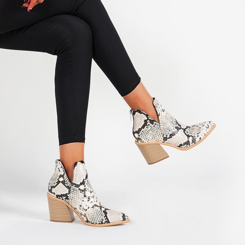 Slip on Cutout Pointed Toe Chunky Stacked Ankle Boot Chunky Heeled Boots Newgew