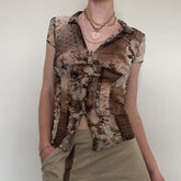 Vintage V Neck Mesh Print Short Sleeve Tee NewGew