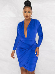 Minikleider mit V-Ausschnitt, langen Ärmeln und gerüschtem Wickeldesign