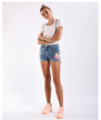 Jeansshorts mit Vintage-Blumendruck