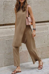 Solid Slit O Neck Sleeveless Two Pieces(3 colors) Ins Street