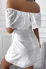 Elegant Solid Embroidered Hollowed Out Strap Design Off the Shoulder Waist Skirt Dresses Ins Street