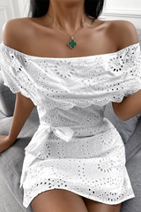 Elegant Solid Embroidered Hollowed Out Strap Design Off the Shoulder Waist Skirt Dresses Ins Street