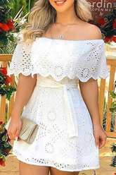 Elegant Solid Embroidered Hollowed Out Strap Design Off the Shoulder Waist Skirt Dresses Ins Street