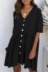 Solid Pocket Buckle V Neck A Line Dresses