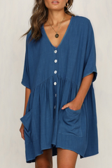 Solid Pocket Buckle V Neck A Line Dresses