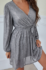 Solid With Belt Sequins V Neck A Line Dresses