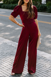 Elegant Solid Fold With Belt Square Collar Jumpsuits Ins Street