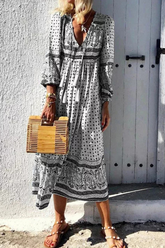 Print Split Joint V Neck Cake Skirt Dresses(4 colors) Ins Street