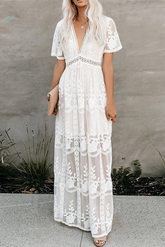 Einfarbige Spitzenkleider mit V-Ausschnitt