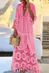 Bodenlanges Sommerkleid mit V-Ausschnitt und Patchwork und neun Ärmeln