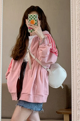 Personality Print Oversized Zip-Up Pink Hoodie