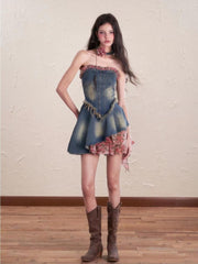 Mixed fabric strapless denim dress