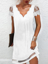 Wavy V-Neck Lace Short Sleeve Chiffon Dress