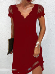 Wavy V-Neck Lace Short Sleeve Chiffon Dress