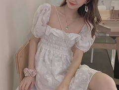 Puff Sleeve Embroidered Shirred Dress