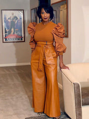 PU-Hose mit hoher Taille und weitem Bein