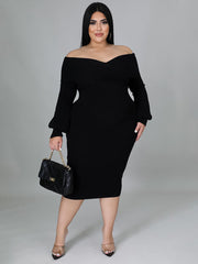 Long Sleeve Off Shoulder Plus Size Midi Dreses