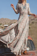 V-Ausschnitt Print Dreiviertelärmel Bodenlanges Reiselook Damenkleid