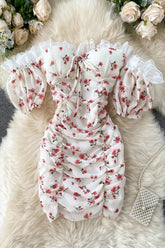 Package Hips Ruched Mini Dress Off Shoulder Lace Beach Dress Floral Print Party Dress