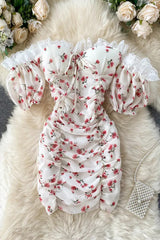 Package Hips Ruched Mini Dress Off Shoulder Lace Beach Dress Floral Print Party Dress