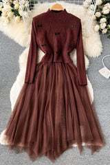 Set Elegant Lace Patchwork Knitted Sweater Dress Retro Bow Vest + Long Dress 2PCS