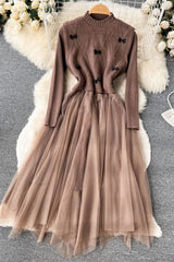 Set Elegant Lace Patchwork Knitted Sweater Dress Retro Bow Vest + Long Dress 2PCS