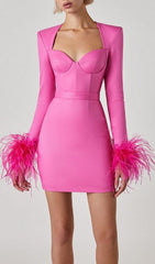 Stretch Long Sleeves Mini Dress in HYPER Pink