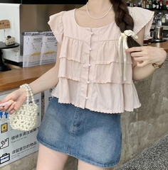 Maja Tiered Swiss Dot Button Down Top - Cream