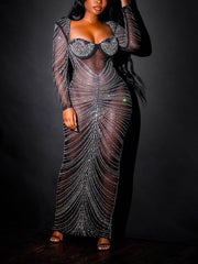 Mesh Sheer Rhinestones Long Sleeves Dress
