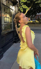 Yellow Satin Ruffle Mini Dress