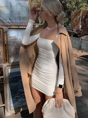 Slim Square-neck Pleated Long-sleeved Bodycon Dress