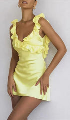 Yellow Satin Ruffle Mini Dress