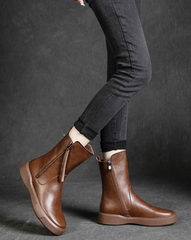 Womens Retro Mid Calf Boots for Winter Side Zipper Boots Black/khaki