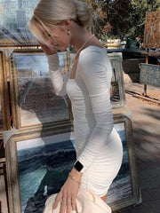 Slim Square-neck Pleated Long-sleeved Bodycon Dress