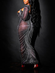 Mesh Sheer Rhinestones Long Sleeves Dress