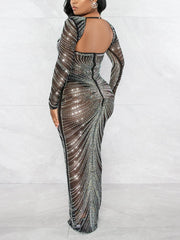 Mesh Sheer Rhinestones Long Sleeves Dress