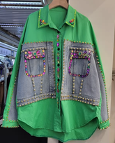 DIY Green Peter Pan Collar False Two Pieces Patchwork Denim Tops Long Sleeve