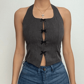 Halter bowknot slit backless zip-up sleeveless crop top