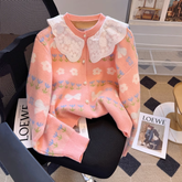 Damen Herbst und Winter Strickjacke mit Puppenkragen Pullover