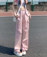 Ruched Pink Straight Leg Cargo Pants