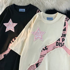 Star Letter Print Patchwork Oversized T-shirt