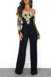 Casual Water Soluble Lace off Neck Wide Leg Jumpsuit