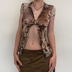 Vintage V Neck Mesh Print Short Sleeve Tee NewGew