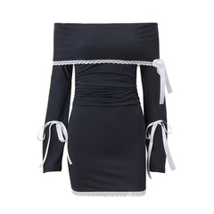 Off Shoulder Lace Splice Tie Up Long Sleeve Mini Dress