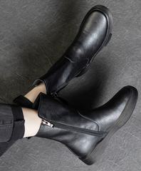 Womens Retro Mid Calf Boots for Winter Side Zipper Boots Black/khaki