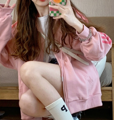Personality Print Oversized Zip-Up Pink Hoodie